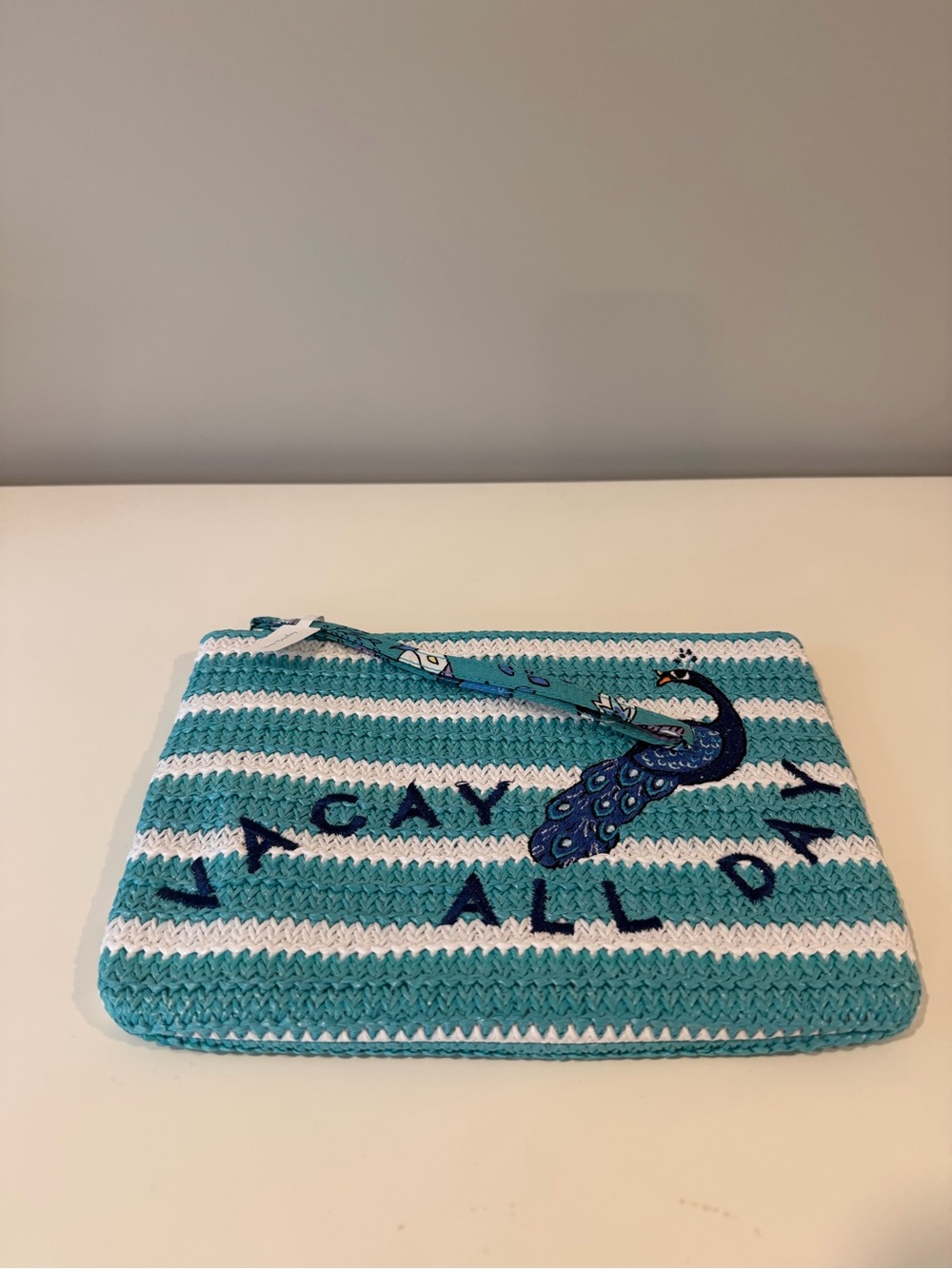 Vera Bradley Teal and White Striped Crochet Wristlet with Peacock